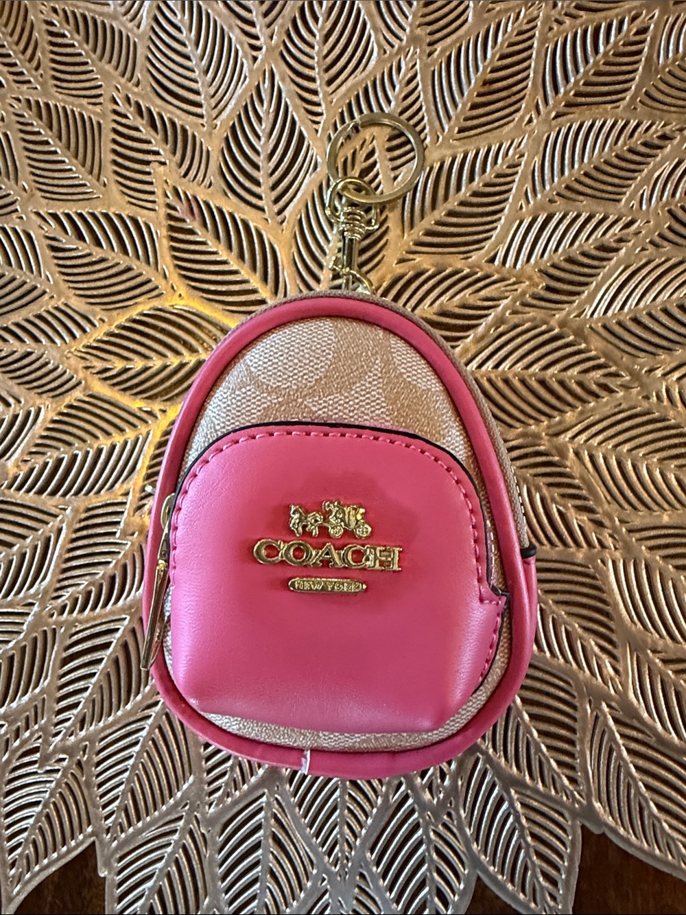 Coach Pink and Tan Signature Mini Backpack Keyring Pouch